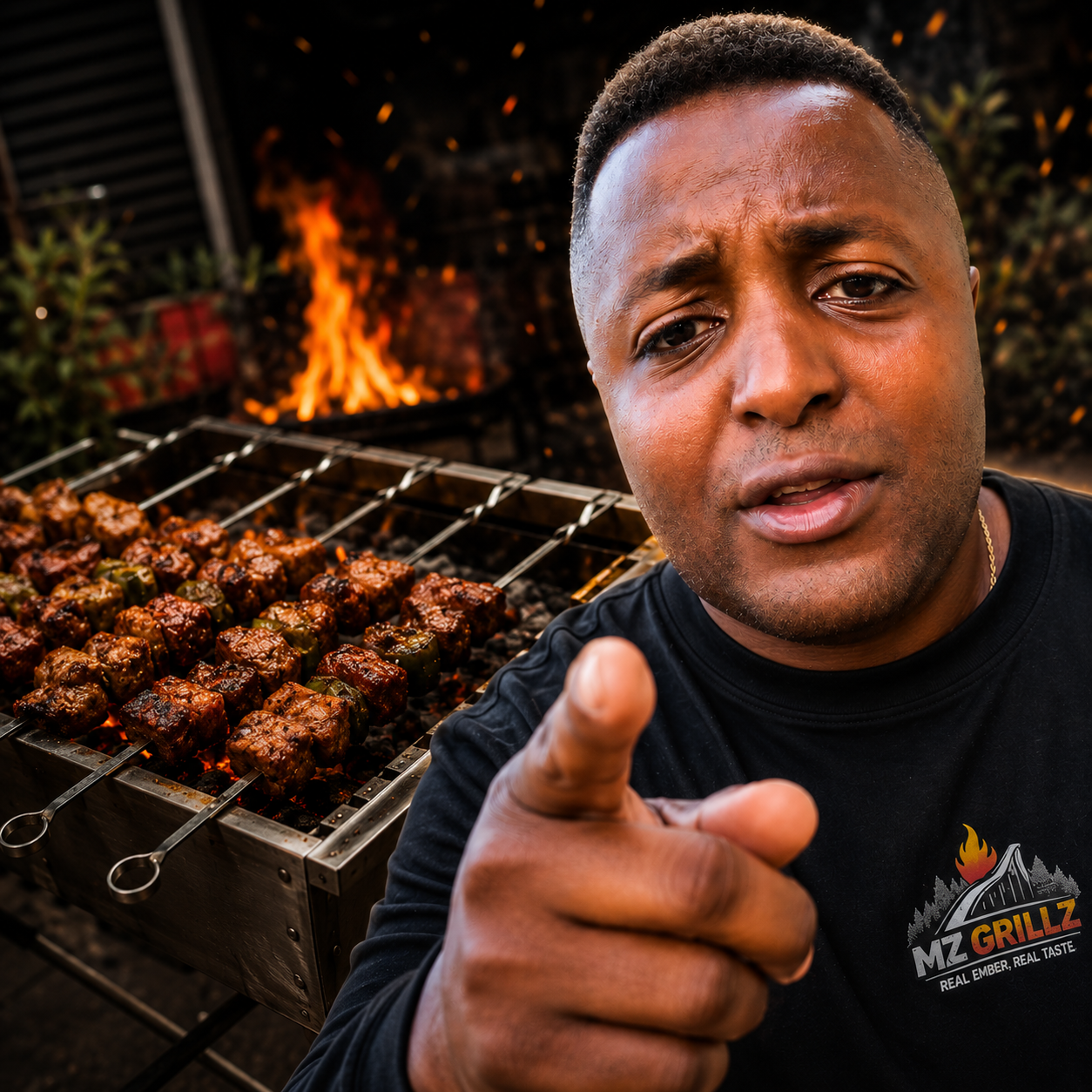 Mz Grillz Titelbild Nico Bell mit Grill und Schaschlikspießen im Hintergrund